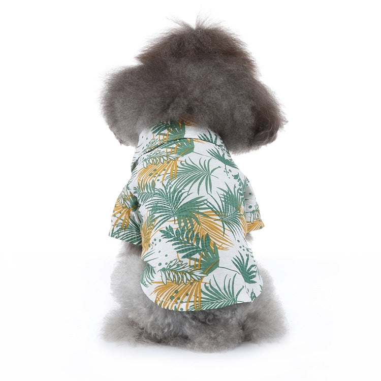 Dog beach shirt in white with green and yellow leaf print and short sleeves