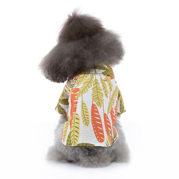 Dog beach shirt in white with multicolor leaf print and short sleeves