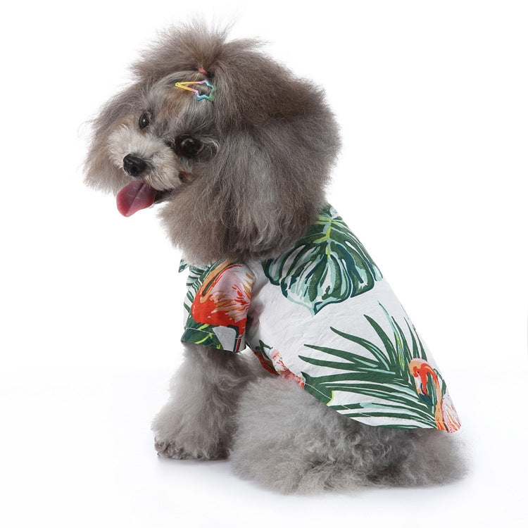 Dog spring shirt with tropical leaf print in white, green, and orange.
