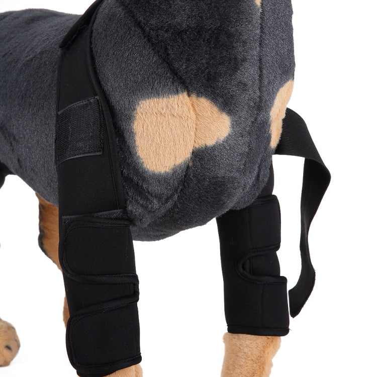 Dog knee guard close-up with black padded splints and wrap straps