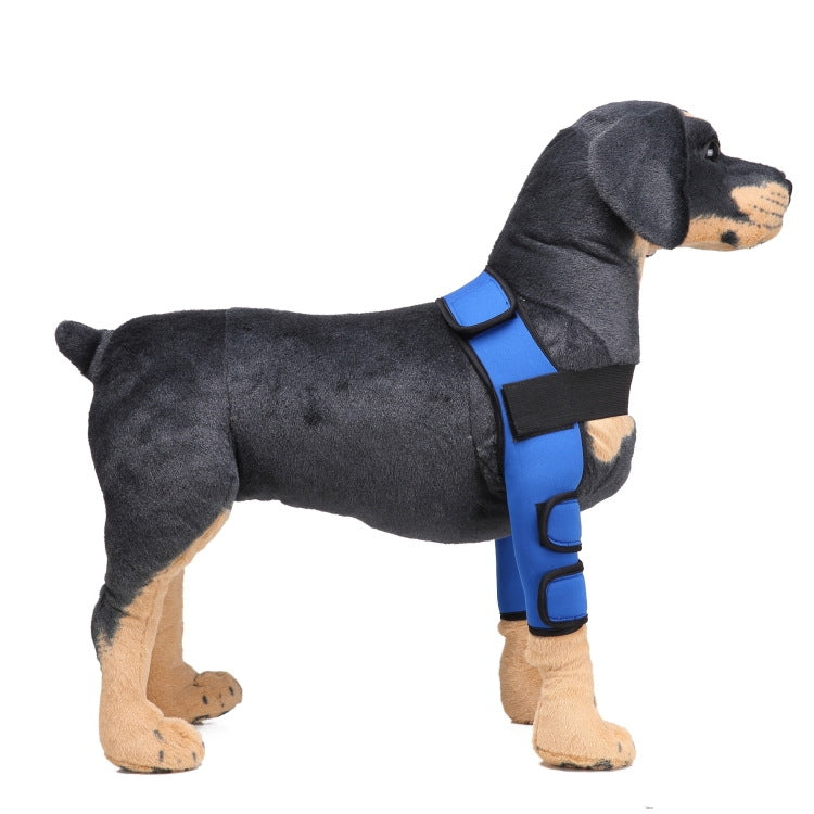 Dog leg knee guard with blue wrap straps and black padded supports