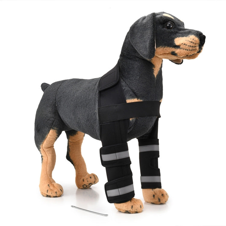 Pet dog leg knee guard suit in dark gray with black straps and gray-striped braces