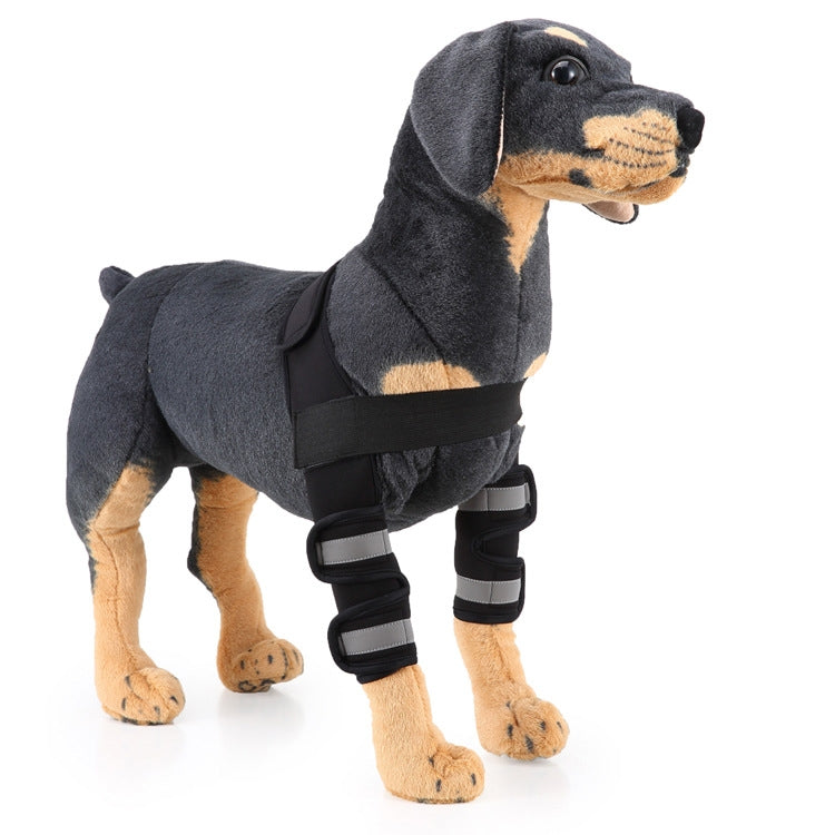 Pet dog leg knee guard suit in dark gray with black straps and gray-striped knee braces