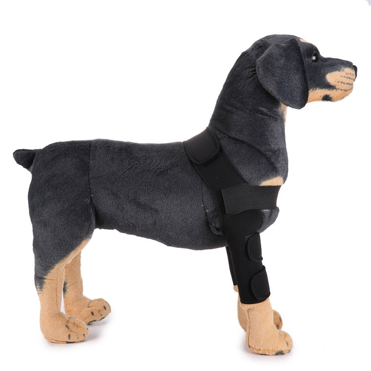 Dark gray plush dog knee guard with black wrap and soft collar-style support