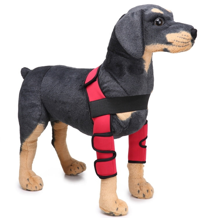 Dark gray plush dog knee guard with red leg braces and black strap fasteners