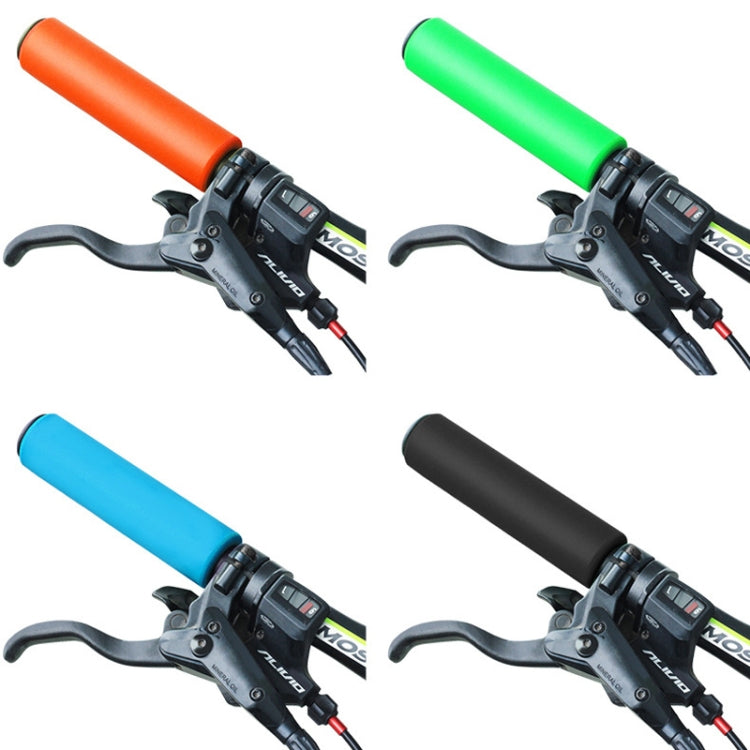 Foam bicycle handlebar grip covers on handlebars in blue, green, orange, and black