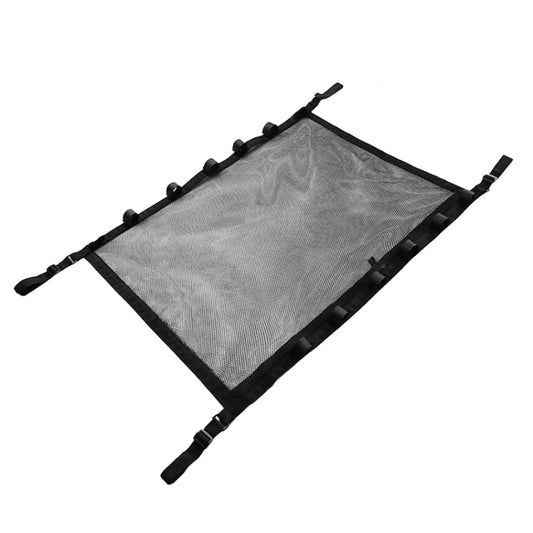 Mesh hanging car storage bag with black straps and rod slots, open flat