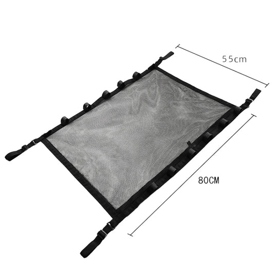 Gray mesh hanging storage bag with black trim, approx. 80 cm length and 55 cm width