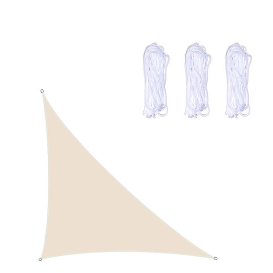 Beige triangular outdoor sunshade sail with corner grommets and rope ties