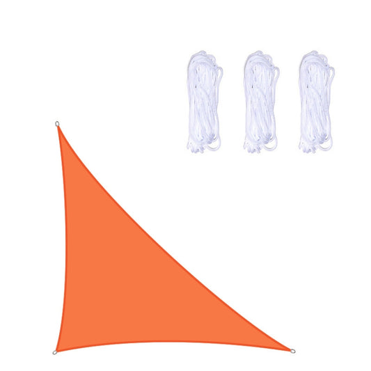 Orange triangular outdoor sunshade sail with corner grommets and rope ties