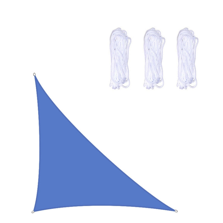 Royal blue triangular outdoor sunshade sail with corner grommets and rope ties