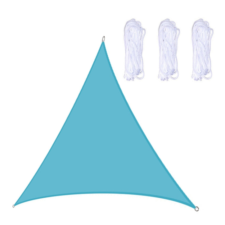 Light blue triangle outdoor sunshade sail with grommets and corner tie points