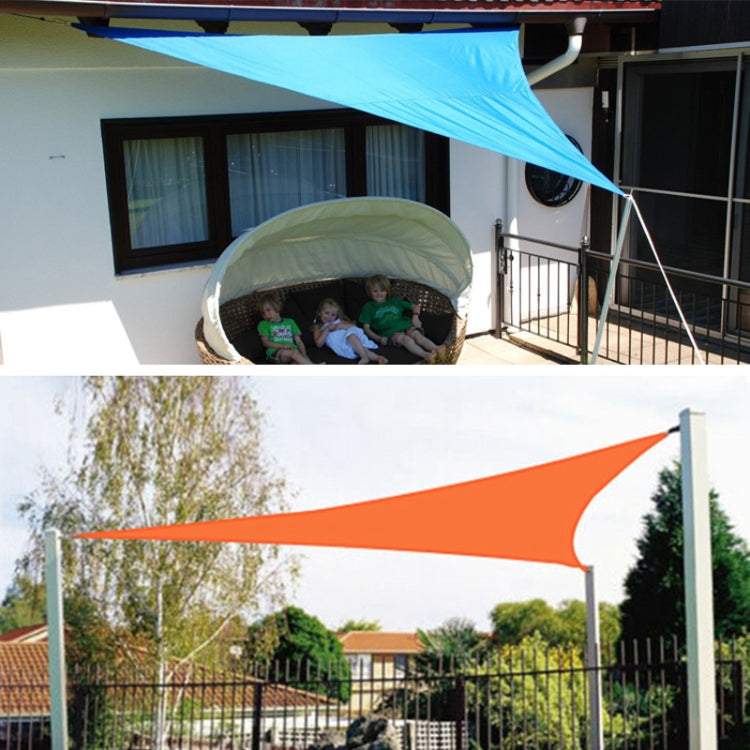Triangle garden sunshade sails on outdoor poles, blue and orange