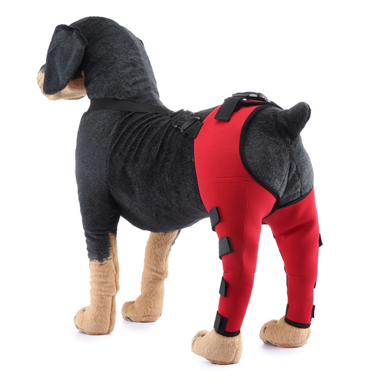Pet dog leg knee guard protective cover, red protective pants on rear legs with straps