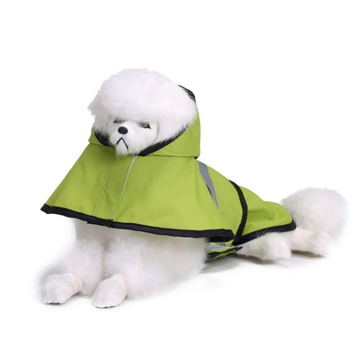 Green hooded dog raincoat poncho with black trim and reflective gray stripes