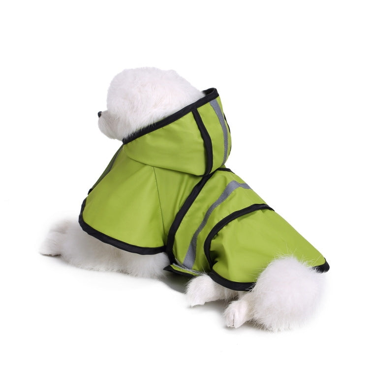 Green reflective dog raincoat poncho with black trim, hood, and gray stripe bands