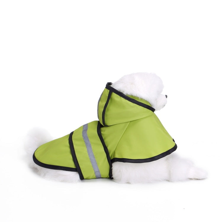 Green reflective dog raincoat poncho with black trim and gray stripe accents