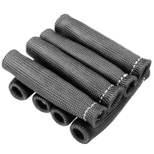 Black woven spark plug heat shield cover sleeves with stitched ends, set of 4