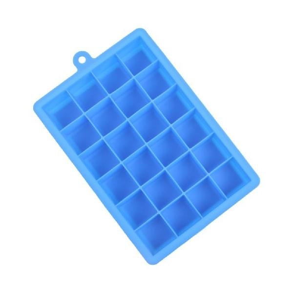 Blue silicone ice cube tray with 24 square molds, hanging loop on top