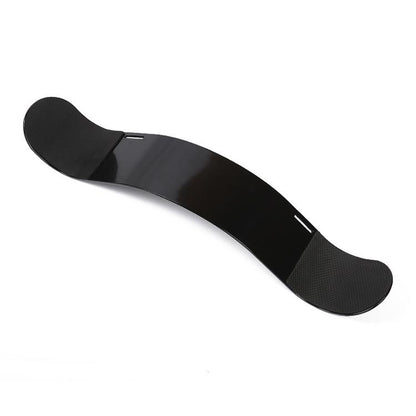 Adjustable biceps training board with black curved pad and elastic strap, metal base