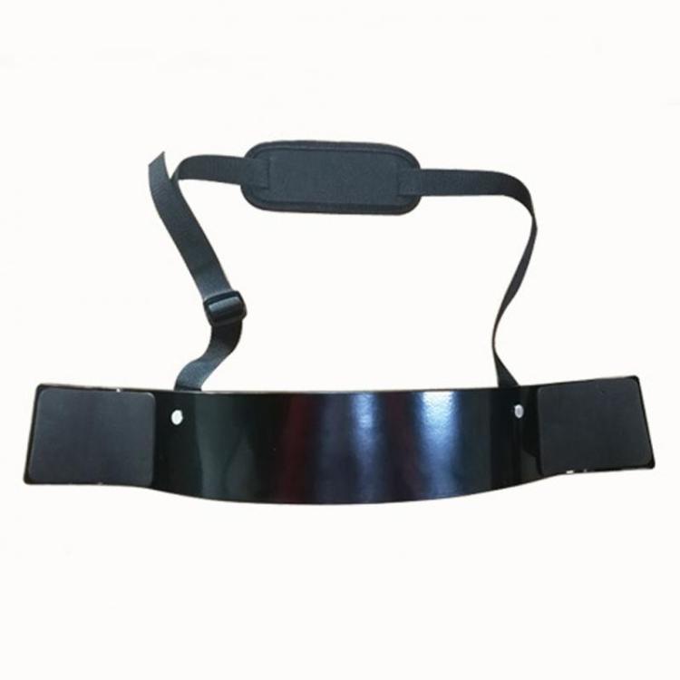 Adjustable biceps training board with black metal plate, two web straps, padded center
