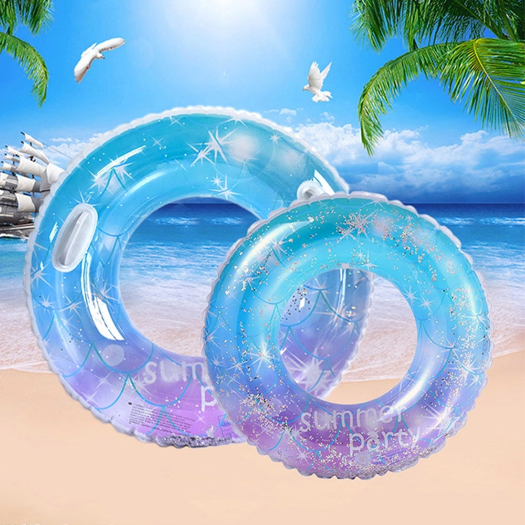 Two blue starry sky swimming rings with purple sparkle trim and side handles