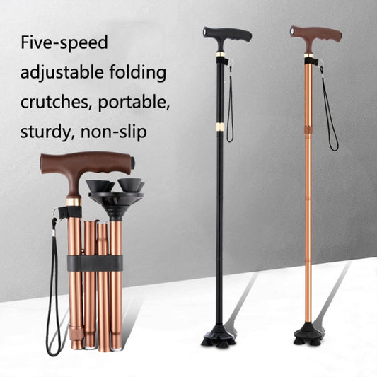 TBS-009 Four-Legged Folding Elderly Crutches Aluminum Alloy Light And Multifunctional Non-Slip Crutches With Light, TBS-009(Black), TBS-009(Brown)