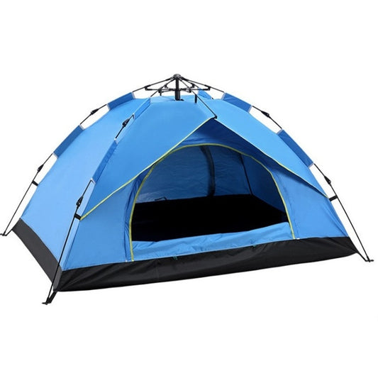Blue and dark tent with arched doorway and mesh window, dome-style camping tent for groups