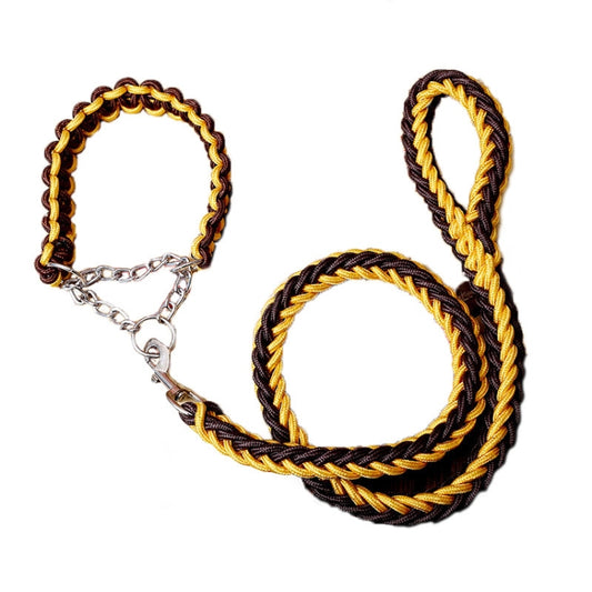 Braided dog leash with chain clip, black and yellow braided rope
