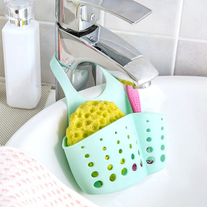 Adjustable snap-on sink storage hanging basket with teal perforated body and hooks