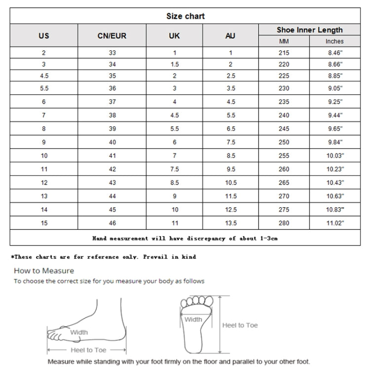 Shoe size chart for diving socks with US, EU/CS, UK, and AU measurements