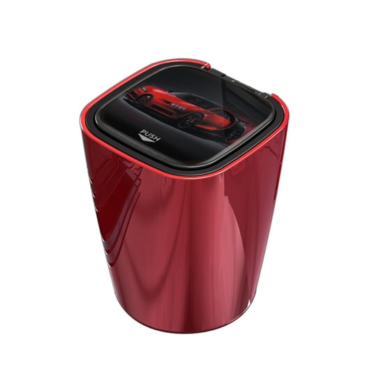 Red car ashtray with hinged lid and push button, glossy compact cup design
