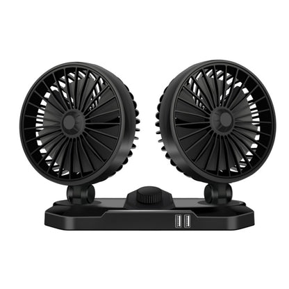 Black dual-head car fan with two rotating fan blades and base stand.
