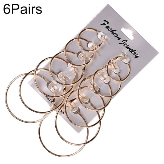 6-pack steampunk circle hoop earrings, gold-tone metal, multiple pairs on card