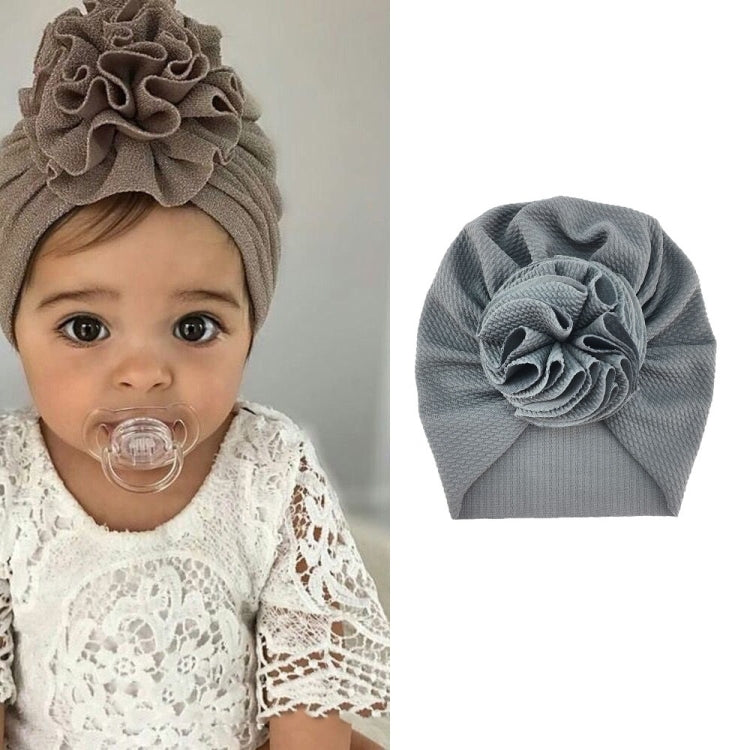 Baby turban hat with fabric rosette flower, light gray color, one size