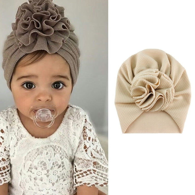 Baby turban hat with fabric rosette flower, beige color, one size