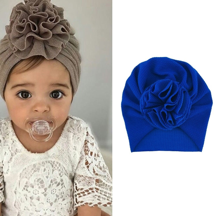 Baby turban hat with fabric rosette flower, royal blue color, one size