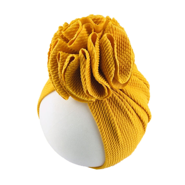 Gold yellow baby turban hat with gathered ruffle flower ornament, one size