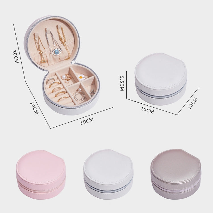 Round PU leather jewelry storage box in pink, white, and champagne gold with lid and zipper