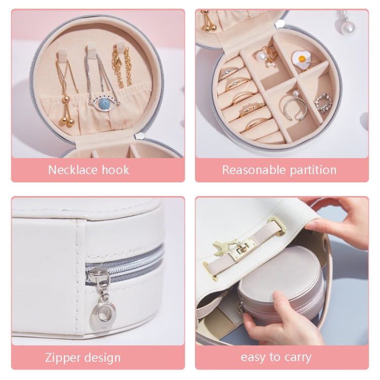 PU leather jewelry storage box with necklace hooks, partitions, zipper, and easy-carry design