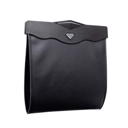 Hanging car trash can storage bag in black faux-leather with top lid and diamond emblem.