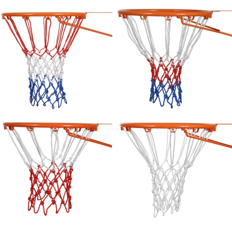 Rope basketball net set with white, red, and blue cords in multiple color configurations