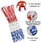 Basketball net rope with red, white, and blue looped strands; rounded rope weave