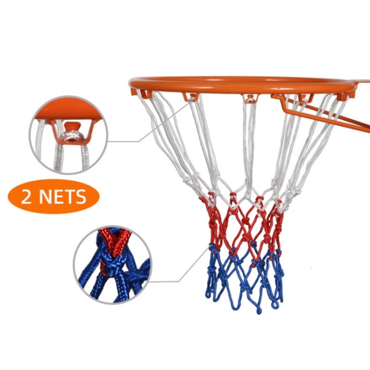 Basketball net rope with red, white, and blue cords, shown as two nets