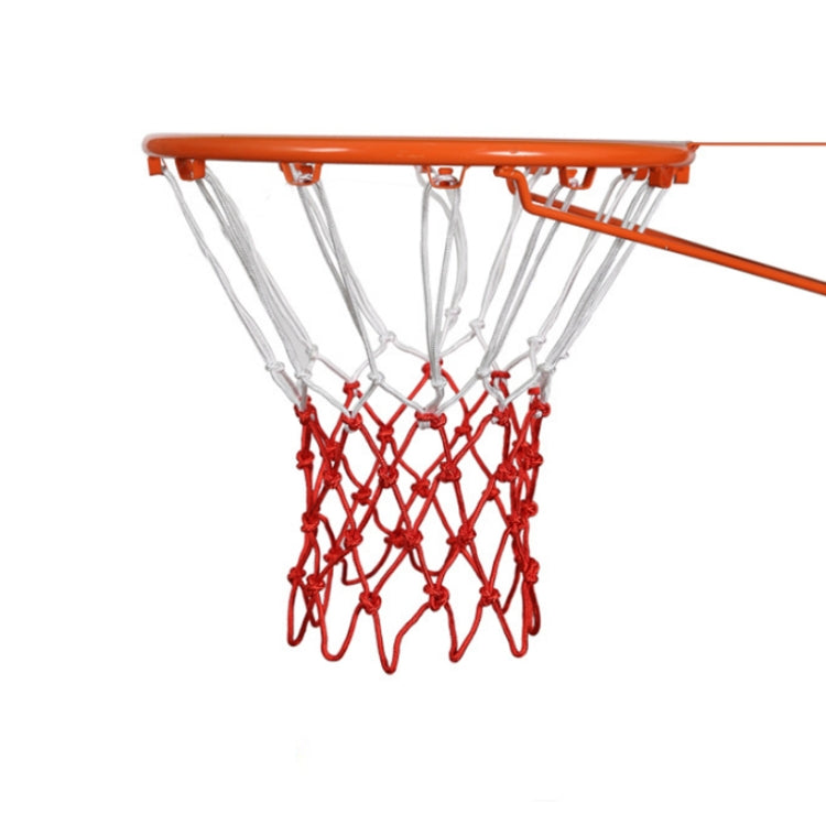 Outdoor rope basketball net with orange rim, white cords and red lower mesh section