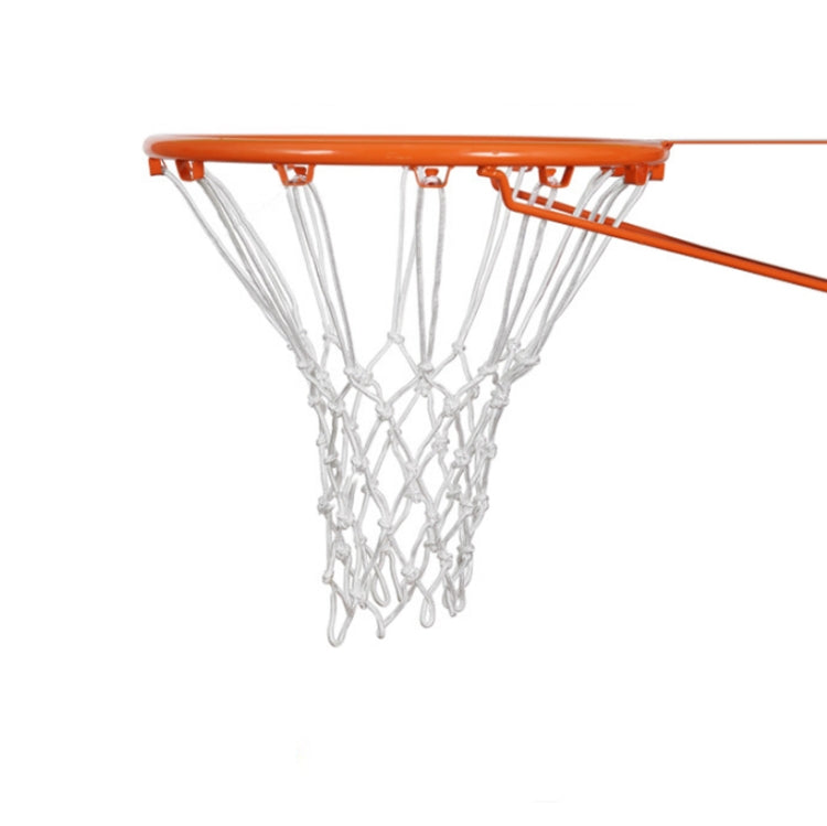Outdoor rope basketball net with orange rim, fully white knotted mesh