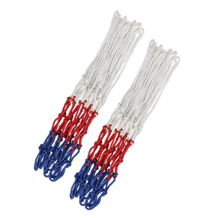 Two rope net panels with white upper cords, red knot band, and blue lower cords