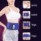 Blue vibration massage belt on waist area with control display panel, worn on model.