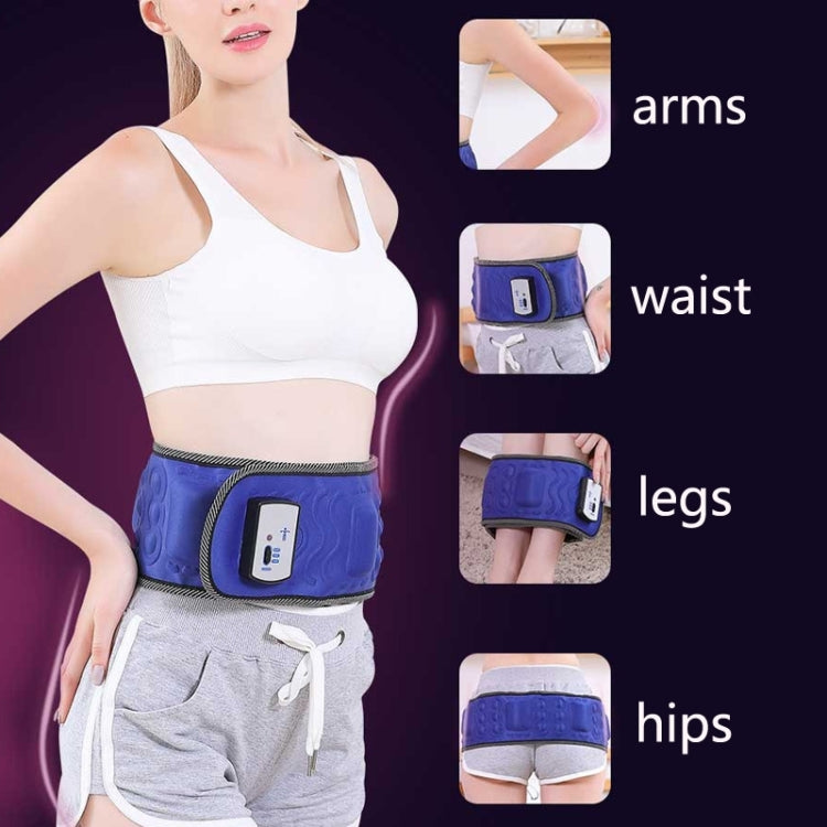 Blue vibration massage belt on waist area with control display panel, worn on model.