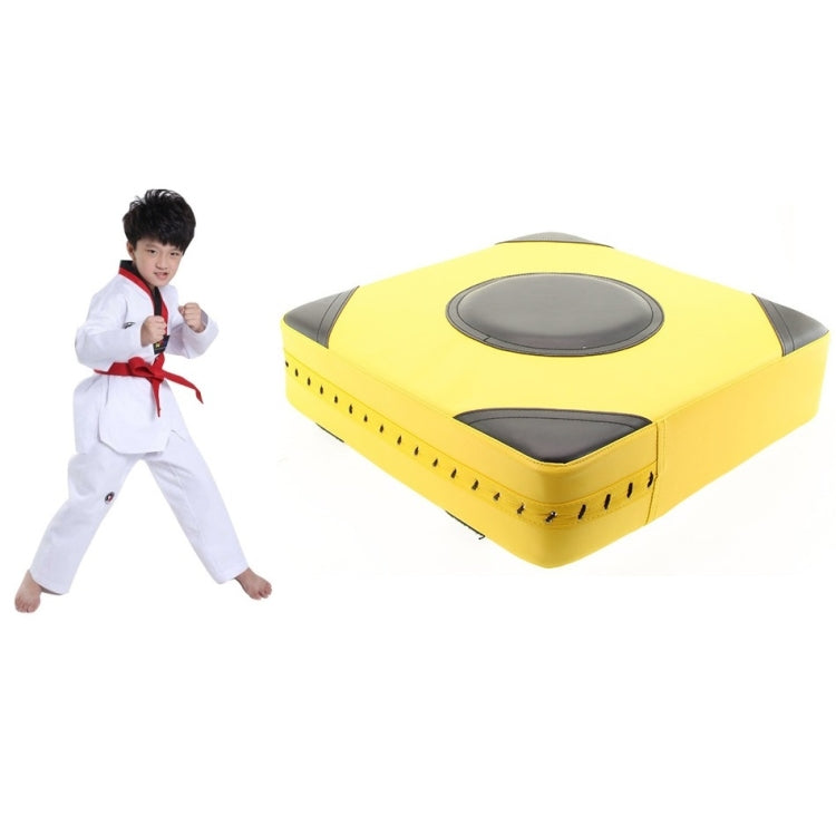 Yellow and black boxing wall target with two oval striking pads on a square foam face